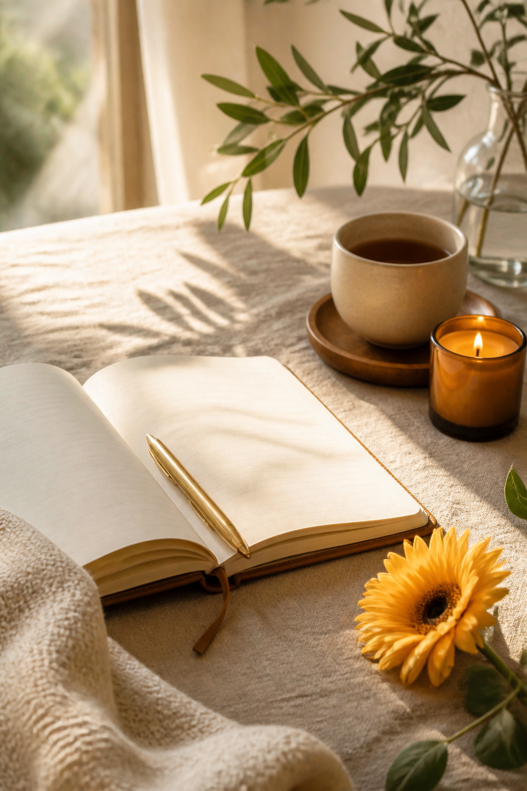 Sunlit journal, candle, tea, and sunflower on linen