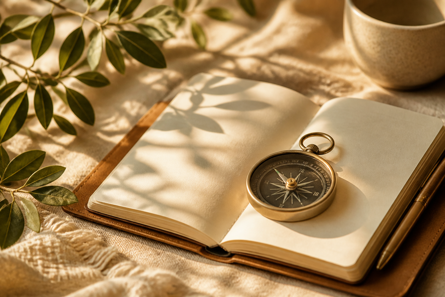 Compass resting on a sunlit journal