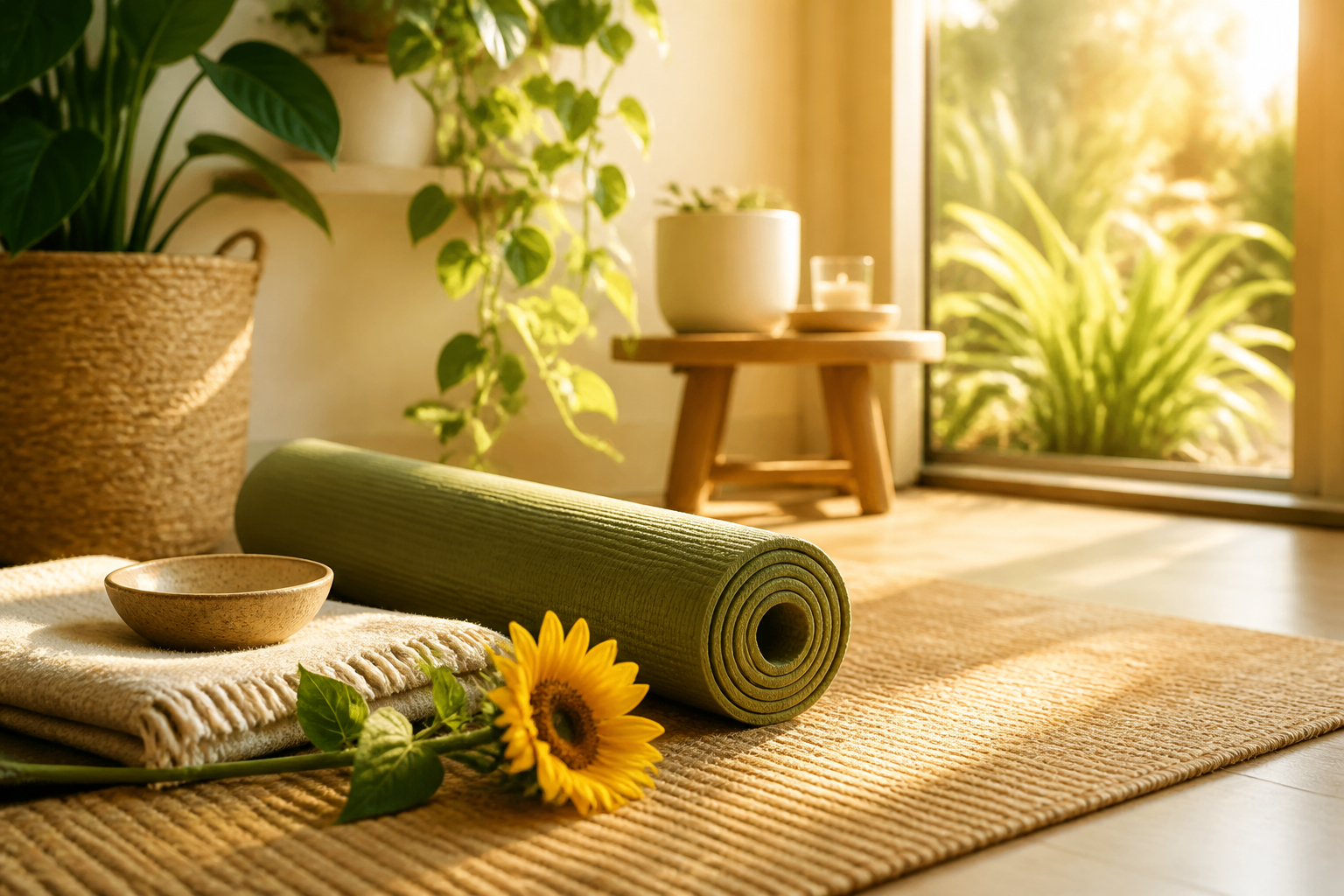 Peaceful practice space with a mat, plants, and sunflower