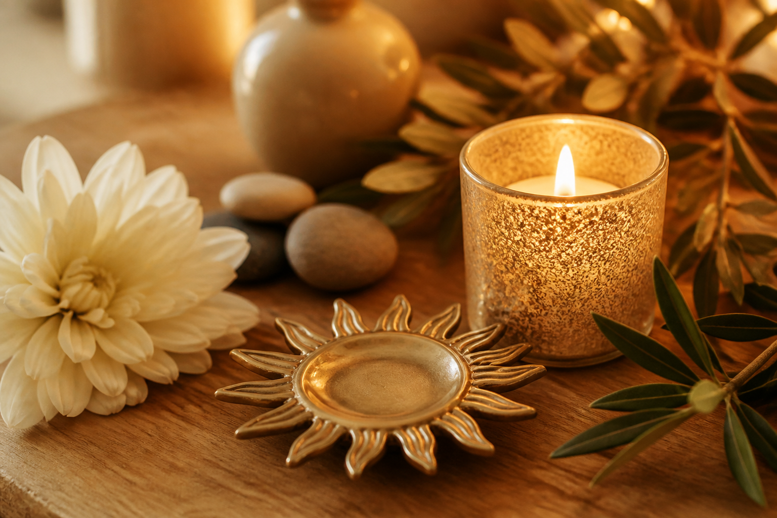 Candlelight beside a small sun-shaped dish and flowers